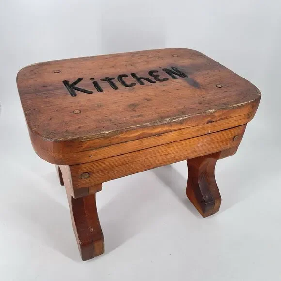 Vintage Solid Wood Stool “Kitchen” Rustic Farmhouse Primitive Decor - Picture 1 of 10